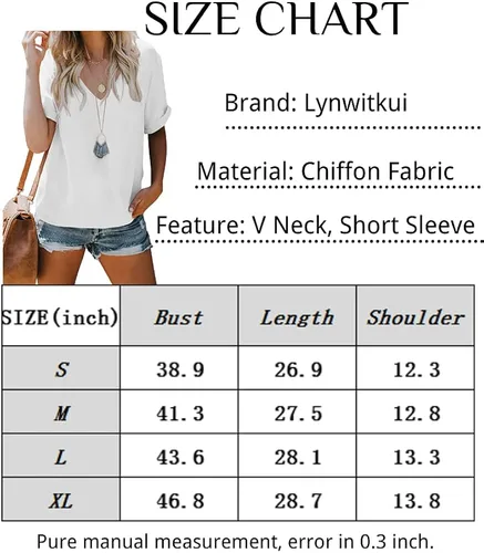 Vista 5 de Lynwitkui Blusa de gasa con cuello en V para mujer, de manga corta, casual, holgada, para verano