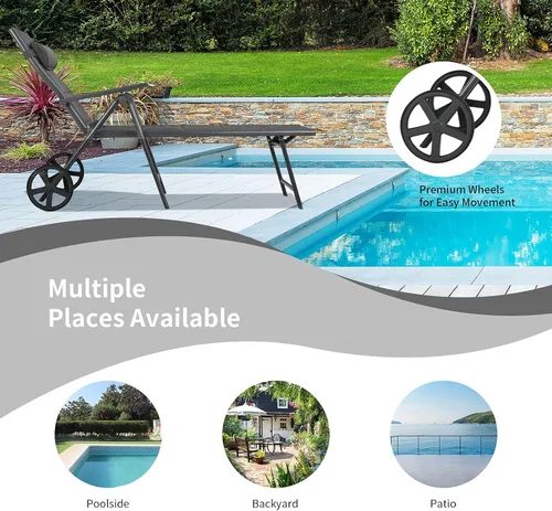 Vista 8 de RELAX4LIFE Tumbona para patio con ruedas – Silla reclinable plegable acolchada con almohada extraíble, respaldo ajustable, sillas de playa