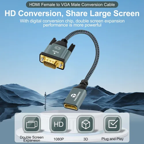 Vista 3 de Thsucords Cable adaptador HDMI a VGA de 1 pie, nailon trenzado HDMI hembra a VGA macho extensión extensión soporte 720P/1080P PC computadora