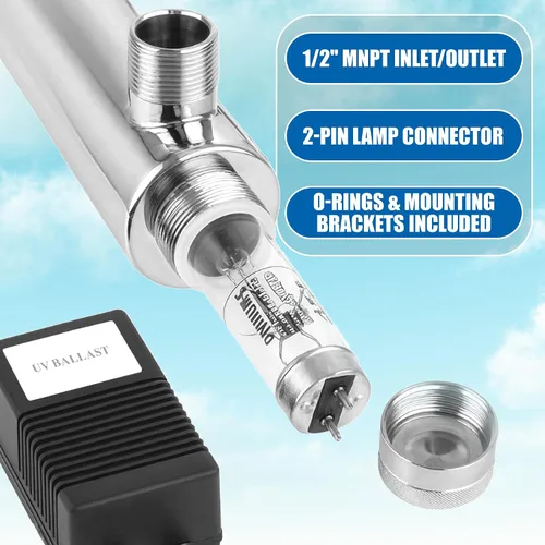 Vista 5 de Ozmosis Filtro purificador de agua ultravioleta para toda la casa, 55 W, unidad UV de acero inoxidable de 120 V, entrada/salida MNPT de 1/2 pulgada