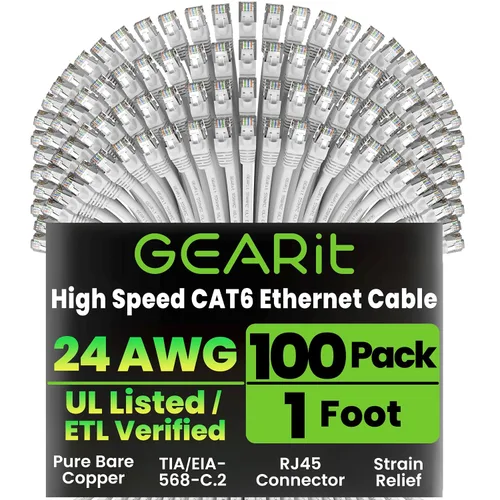 Vista 13 de GEARit Paquete de 100 cables Ethernet Cat6 de 0.5 pies Cable de conexión de red RJ45, conectores chapados en oro sin enganches de 10 Gbps, cable