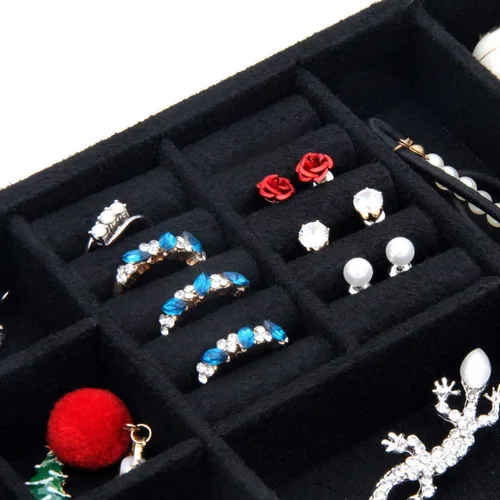 Vista 3 de QBeel - Cajas de joyería negras para mujeres hombres y niñas organizador de joyas de 2 capas con candado organizador grande de almacenamiento