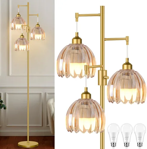 Vista 15 de ZECOXOL Lámparas de pie doradas para sala de estar dormitorio - Lámpara de pie de vidrio de 3 luces con tres bombillas LED, lámpara de pie alta