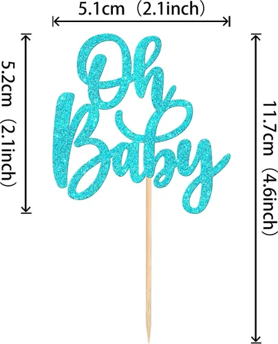 Vista 2 de 24 piezas Oh Baby Cupcake Toppers Glitter Baby Shower Cupcake Picks Reveal Género Decoración de Pasteles para Baby Shower Niños Niñas Fiesta de Azul