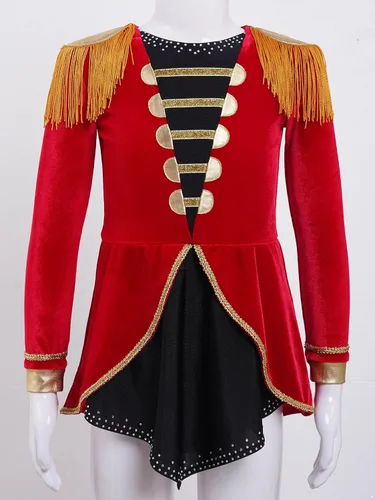Vista 4 de Fldy Disfraz de Majorette de Tambor para Niñas y Niñas, Disfraz de Circo Ringmaster de Halloween de manga larga con borlas