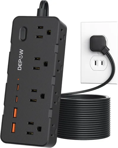 Vista 14 de DEPOW Regleta de alimentación negra de 2 puntas, adaptador de salida de 2 a 3 clavijas con 8 puertos de CA y 4 puertos USB (2 USB C), cable
