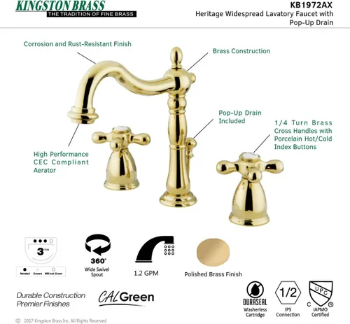 Vista 7 de Kingston Brass KB197 llave de baño amplia Heritage, KB1972AX Latón pulido