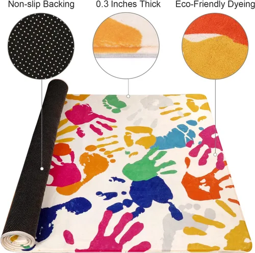 Vista 4 de STARUIA - Alfombra de huellas de manos y pies para niños para sala de juegos, alfombra de guardería lavable de 3 x 5 pies de colores para habitación