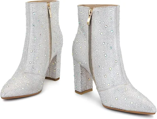 Vista 5 de SOVANYOU Botas de diamantes de imitación brillantes para mujer, botines de tacón alto grueso con cremallera lateral