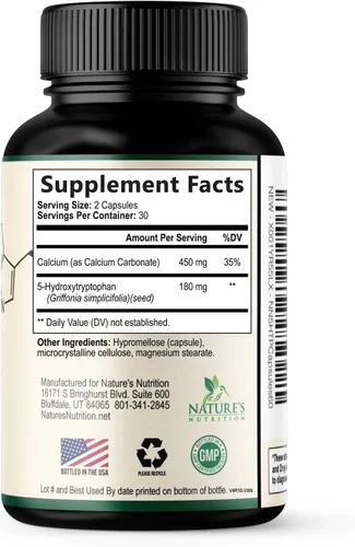 Vista 9 de 5 cápsulas de hidroxitriptófano – 180 mg por porción Suplemento 5 HTP más calcio para la salud cerebral y apoyo al sueño, fórmula extra fuerte