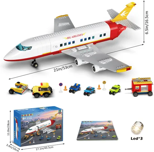 Vista 9 de HOGOKIDS Juego de construcción de avión urbano de 2 estilos con luz LED, bloques de construcción de aviones, interruptor de carga de pasajeros