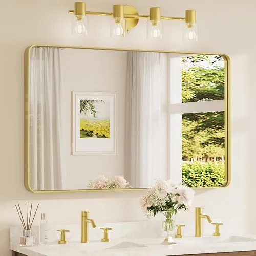 Vista 11 de Espejo de marco dorado cepillado de 16 x 24 pulgadas, espejo de tocador de baño de latón dorado para pared, espejo enmarcado rectangular de esquina