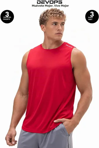 Vista 6 de DEVOPS Paquete de 3 camisetas sin mangas para hombre, ajuste seco Carbón/Rojo/Amarillo