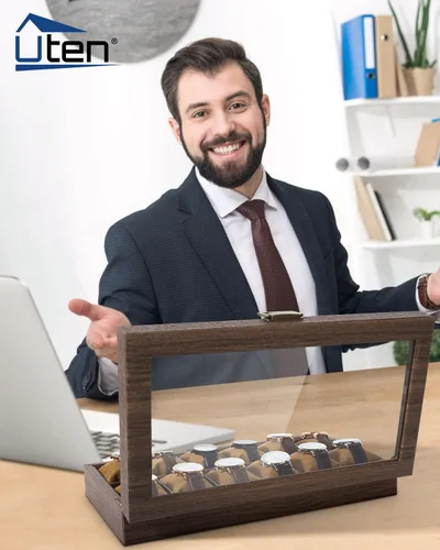 Vista 4 de Uten Caja de reloj con 12 ranuras, organizador de caja de reloj con tapa de vidrio real, caja de almacenamiento de cuero sintético de grano
