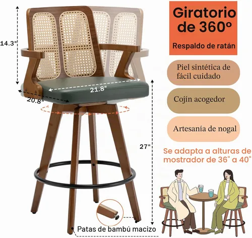 Vista 2 de Juego de 2 Taburetes de Mostrador - Taburetes Giratorios de 27 Pulgadas con Respaldo de Ratán, Brazos Curvos, Asiento Tapizado, Patas de Bambú Nogal