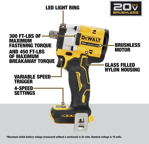 Vista 5 de DEWALT ATOMIC 20V MAX* 1/2 pulg. Llave de impacto inalámbrica con yunque con pasador de retención (solo herramienta) (DCF922B)