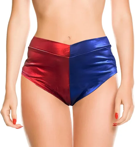 Vista 2 de Pantalones cortos metálicos brillantes de cintura baja elástica para rave, pantalones cortos de baile, pantalones calientes para mujeres y niñas
