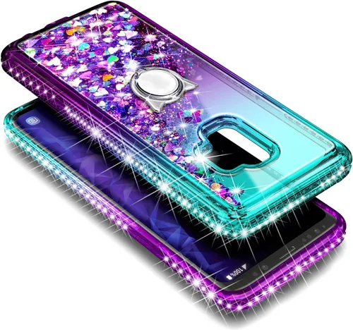 Vista 4 de NGB - Funda para teléfono Samsung Galaxy S9, color aguamarina/morado, bonita funda con purpurina líquida para mujeres y niñas, con protector
