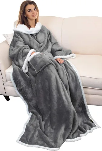 Vista 20 de Catalonia - Manta de forro polar tipo sherpa con mangas, súper suave, cálida y cómoda, de gran tamaño, de forro polar y microplush, con mangas