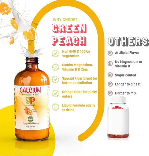 Vista 2 de GreenPeach Calcio líquido para niños, suplemento de magnesio, D3 y zinc, citrato de calcio y vitamina D3 jarabe calmante para niños, sin azúcar, sin
