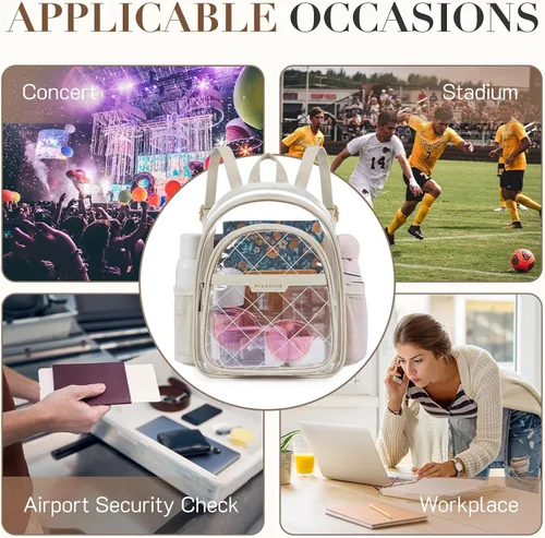 Vista 27 de Missnine Mochila transparente aprobada para estadios, mini bolsa transparente de PVC grueso con ribete de cuero para eventos deportivos, conciertos