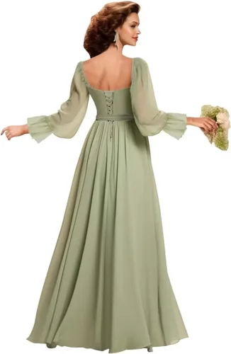 Vista 4 de Vestidos de dama de honor con mangas largas de gasa cuello en V vestidos de noche para invitados de boda