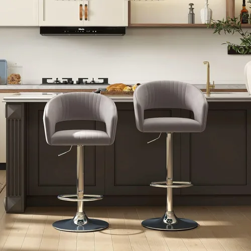 Vista 10 de Hyfirm Juego de 2 modernas sillas de bar de cocina con base cromada dorada, taburetes de bar giratorios ajustables con respaldo y reposapiés