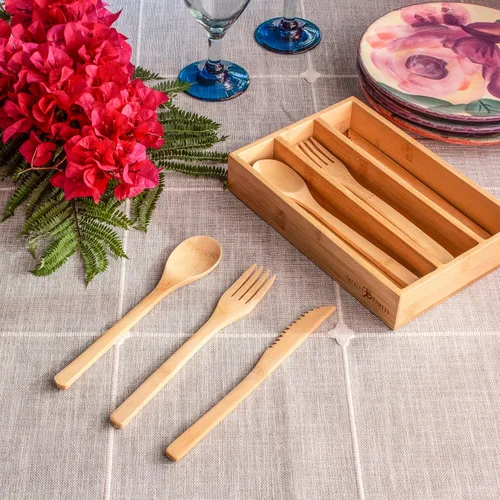 Vista 3 de Totally Bamboo Juego de cubiertos de bambú reutilizables de 12 piezas con estuche de almacenamiento portátil, apto para lavavajillas