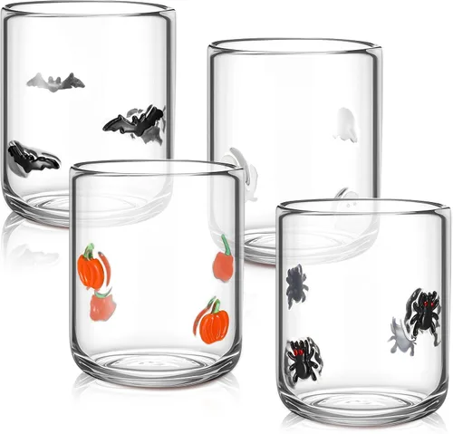 Vista 9 de Skylety 4 vasos de cristal con icono de Halloween, sombrero de bruja