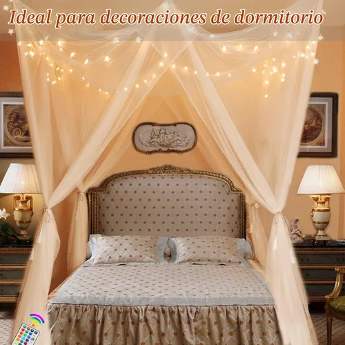 Vista 2 de Obrecis - Dosel de cama blanco con luces de estrella para niñas, cortinas de cama de princesa de 8 esquinas con 100 luces LED en forma de estrella
