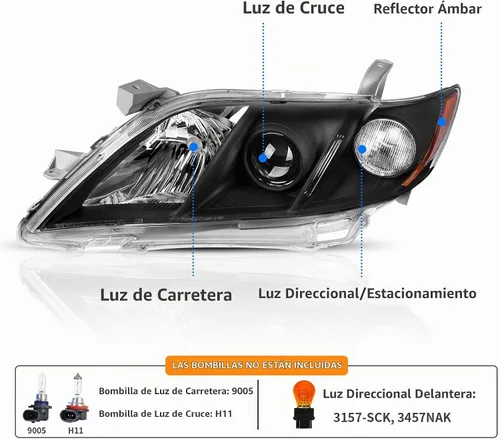 Vista 2 de DWVO - Conjunto de faros proyectores compatible con 07 08 09 2007 2008 2009 Camry Excluye Hybird, carcasa negra con reflector ámbar, lente Negro