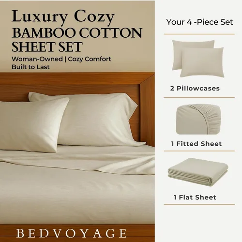 Vista 4 de BedVoyage Cozy Sheets Queen - Juego de sábanas de 50% viscosa de bambú y 50% mezcla de algodón, ropa de cama suave y transpirable, bolsillo profundo