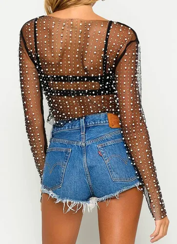Vista 5 de Blusa de malla de manga larga transparente con diamantes de imitación de perlas para mujer, una pieza