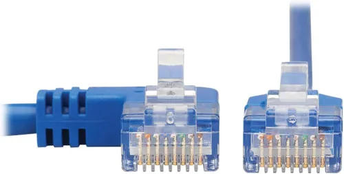 Vista 3 de Tripp Lite Cable Ethernet Cat6 en ángulo izquierdo, Cable de conexión de red UTP delgado moldeado Gigabit, azul, 1 pie (N204-S01-BL-LA)