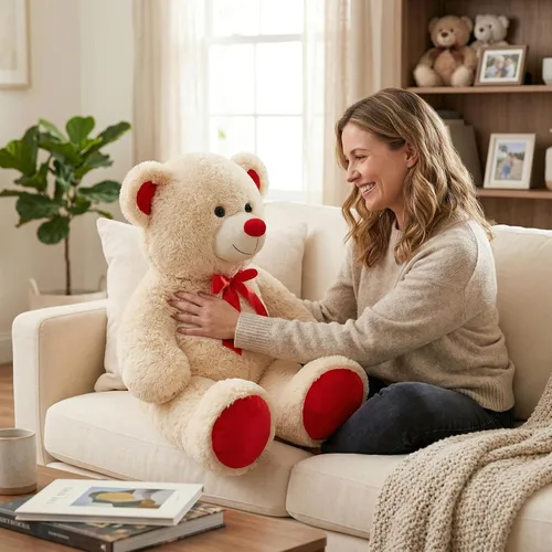 Vista 7 de Enorme Oso de Peluche Animal de Peluche Oso de Peluche Gigante con Lazo de Cinta Roja Juguete de Peluche de Día Regalo para Novia y Niños 36 Beige