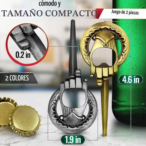 Vista 2 de Abrebotellas de mano, 2 piezas, tamaño de bolsillo, bronce y plata, aleación de zinc