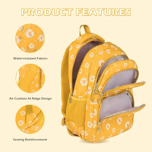 Vista 38 de goldwheat Mochilas impresas margaritas con paquete de almuerzo, estuche de lápices 3pcs, bolsa ligera resistente al agua para la escuela secundaria