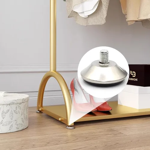 Vista 6 de Perchero moderno de metal para colgar ropa, perchero dorado con estantes, organizador de ropa de pie para dormitorios y boutiques, perchero de una
