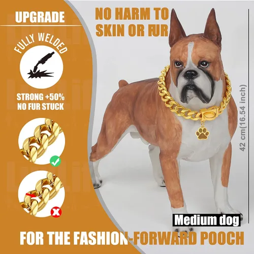Vista 7 de Collar de cadena para perro de 0.59 pulgadas/0.79 pulgadas de grosor, con hebilla de liberación rápida, collar de cadena de oro de 18 quilates