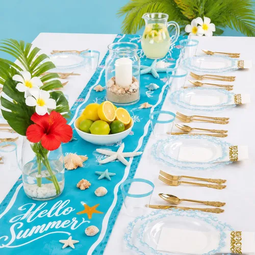 Vista 7 de PULOTE Juego de 175 piezas de platos de plástico transparentes y azules - Juego de vajilla desechable con borde azul - Incluye 25 platos de cena, 25