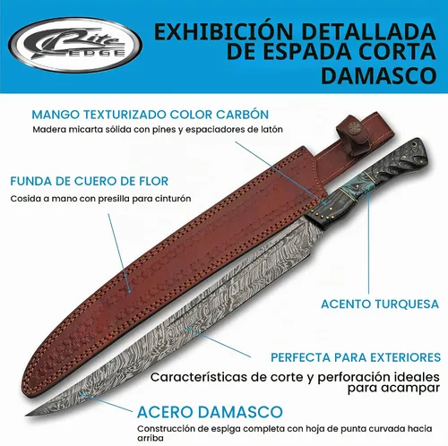 Vista 2 de SZCO Supplies DM-5025 - Espada corta de acero Damasco con mango de resina de madera y turquesa, con funda de cuero, negro/turquesa/marrón, 22