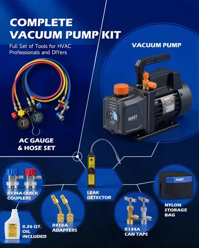 Vista 3 de Orion Motor Tech - Bomba de vacío y juego de medidores de AC, bomba de vacío de 1/3 hp, kit de manómetro de 4 cfm con detector de fugas, 4 mangueras