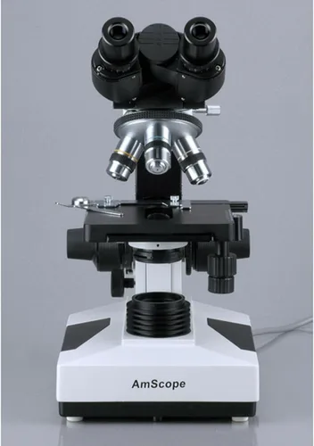 Vista 3 de AmScope Microscopio binocular compuesto B490, Oculares WF10x, Ampliación 40X-1000X, Brightfield, Iluminación halógena, Condensador Abbe, Etapa