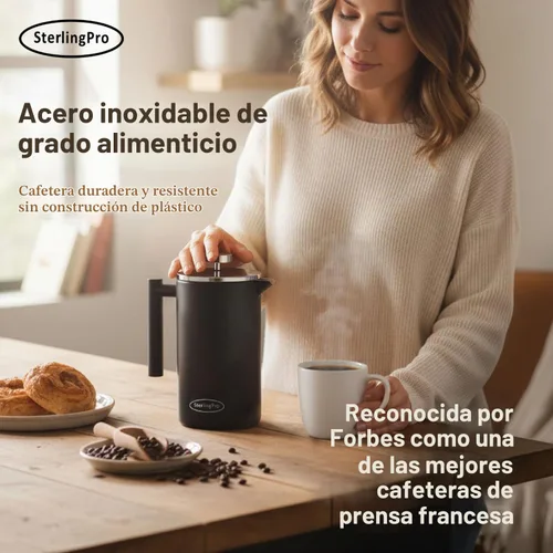 Vista 5 de SterlingPro Cafetera de prensa francesa de acero inoxidable, grande, 1 L (34 onzas), color negro, prensa de café duradera con aislamiento de doble