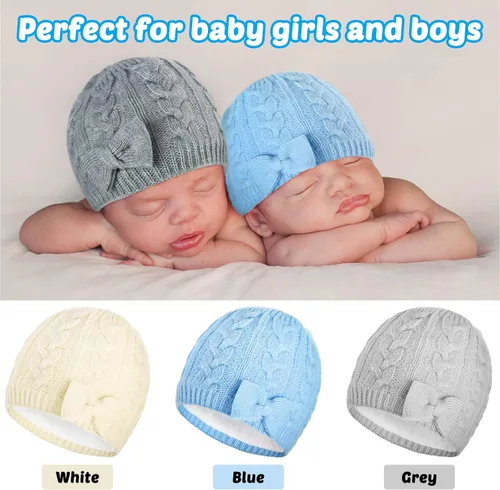 Vista 5 de 3 Pieces Fleece Lined Baby Beanie with Bow, Infant Newborn Toddler Kids Winter Warm Knit Cap for Boys Girls