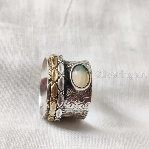 Vista 2 de Natural Opal Spinner Band, October Birthstone, Meditation Ring, 925 Sterling Silver Ring, Spinning Ring, Two Tone Ring, Fidget Ring, Handmade