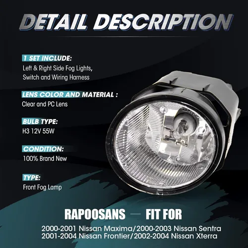 Vista 3 de Conjunto de lámparas antiniebla de conducción para Nissan Maxima 2000-2001 2000-2003 Sentra 2001-2004 Frontier 2002-2004 Xterra reemplazo de luz