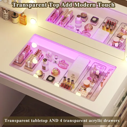 Vista 2 de Escritorio de tocador con espejo iluminado y parte superior transparente, escritorio de tocador de maquillaje con 4 cajones transparentes e