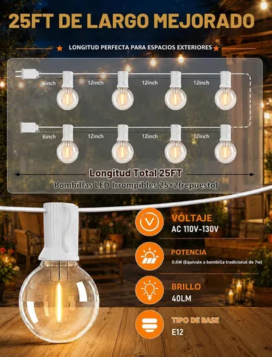 Vista 2 de Guirnalda de luces LED de 25 pies para exteriores, G40 Globe Patio Lights Cable blanco de 25 pies