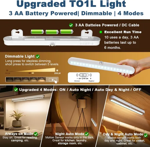 Vista 2 de BLS T01L - Luz LED para armario, súper brillante, 20 LED, iluminación debajo del gabinete, alimentada por batería/entrada de CC, luz inalámbrica